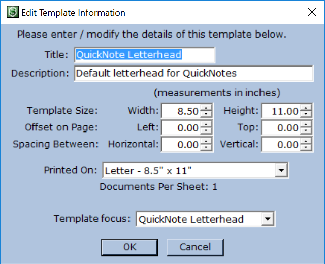 Edit Template Information dialog