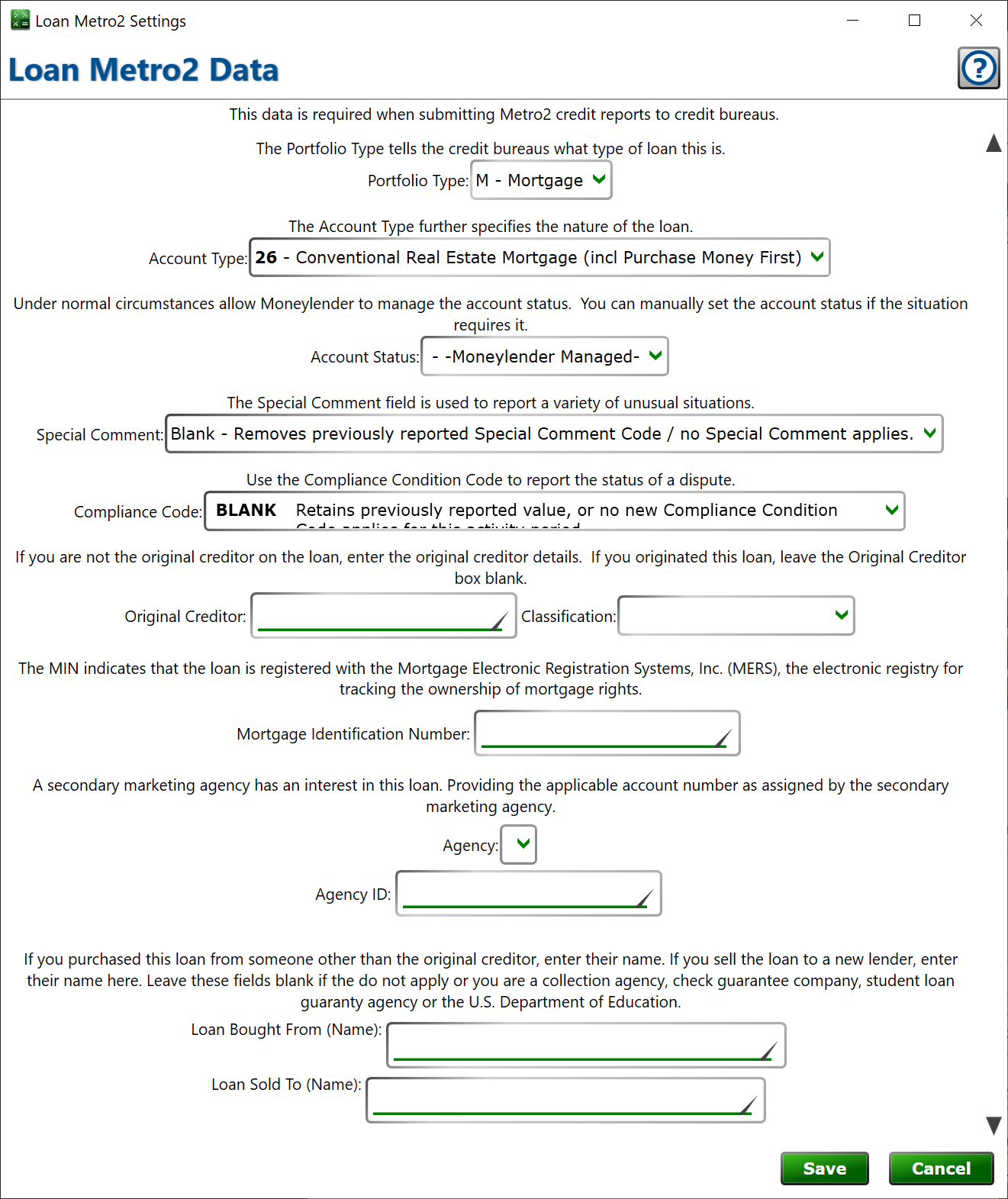 Screenshot of the loan-level metro2 settings.