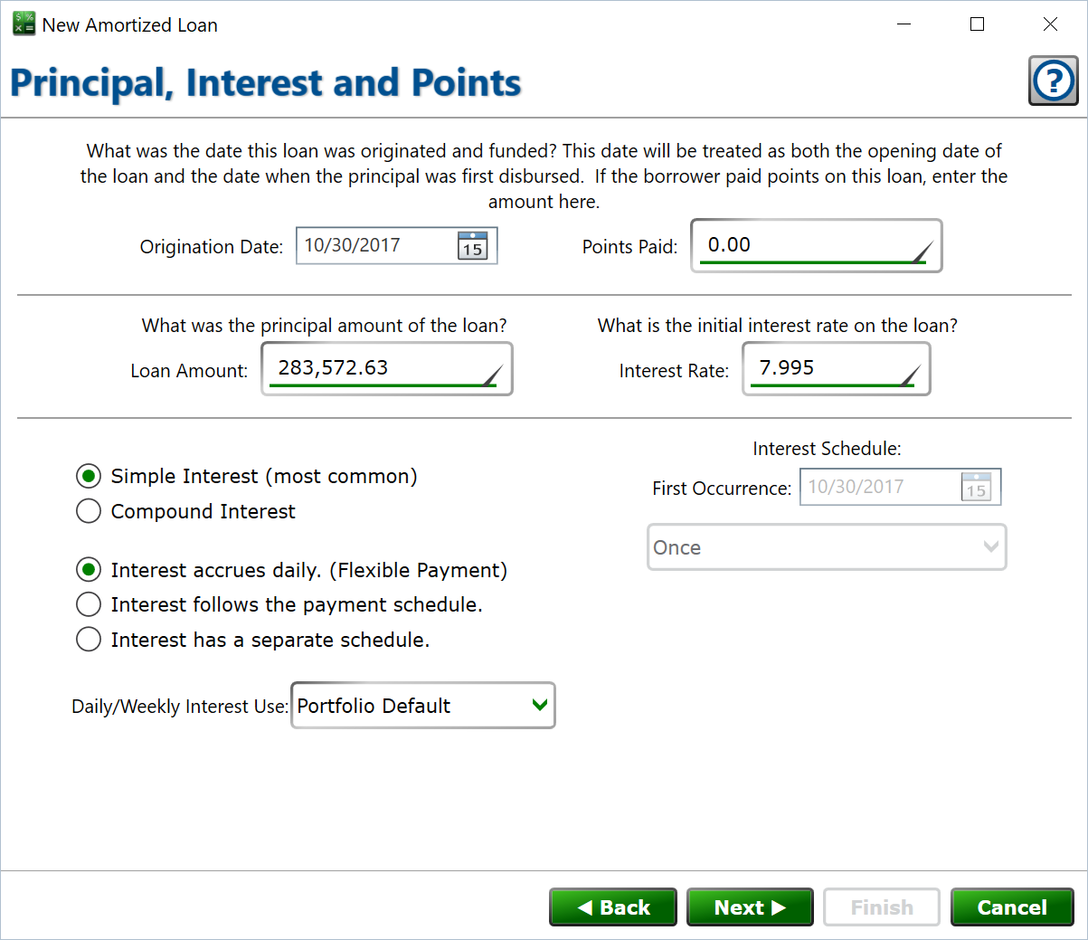 Screenshot of the form to set the origination date, point, principal, interest rate, and some key interest settings.