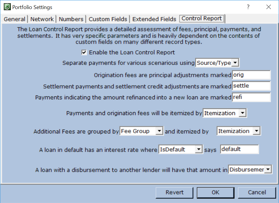 Portfolio Settings - Control Report