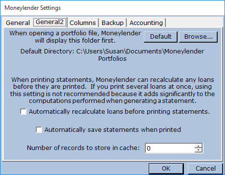 General 2 Tab of the Settings Dialog