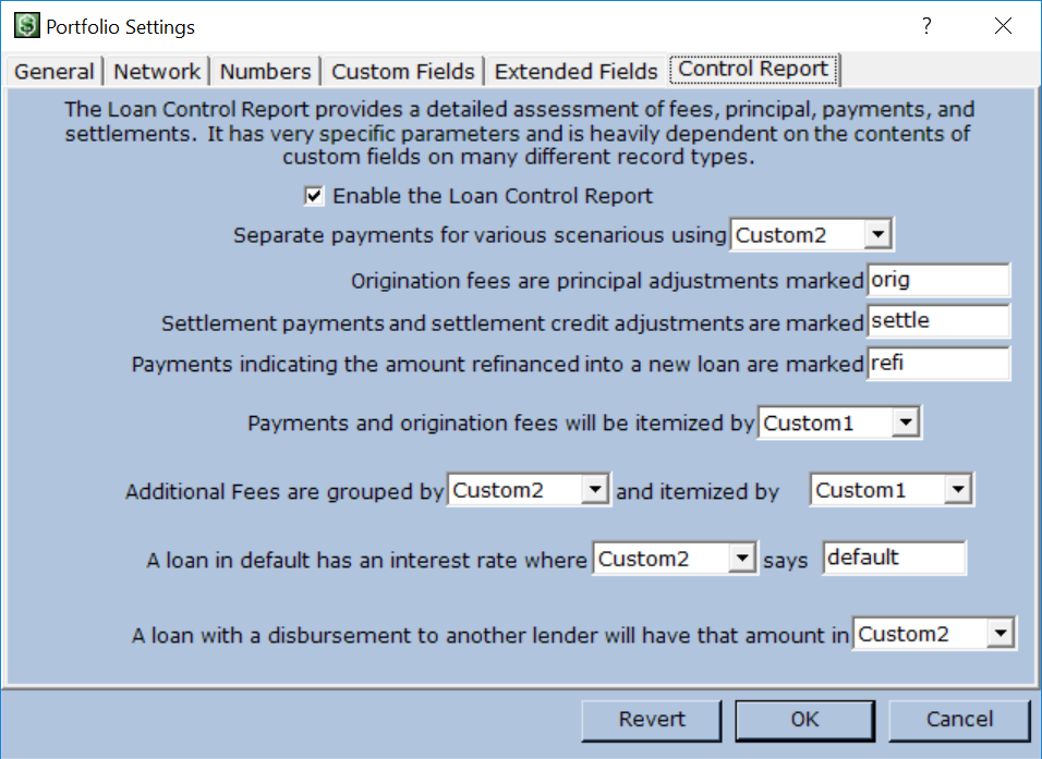 Portfolio Settings - Loan Control Report