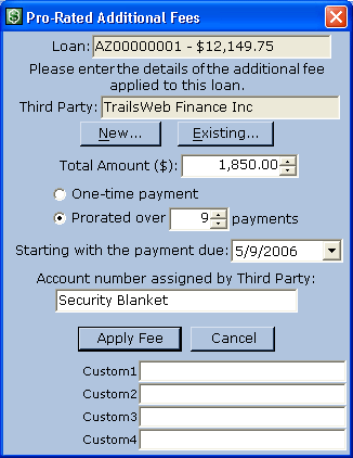 New Additional Fee Wizard