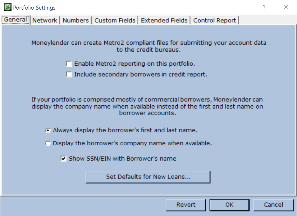 Loan Control Report Custom Values