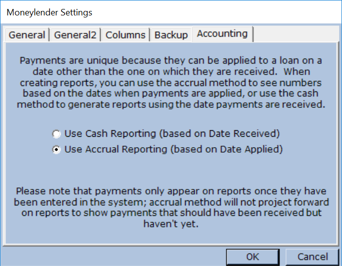 Accounting Tab of the Settings Dialog