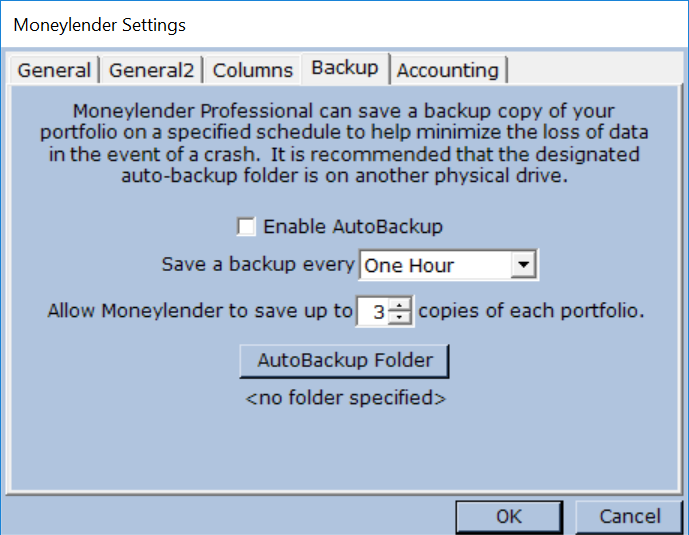 Backup Tab of the Settings Dialog