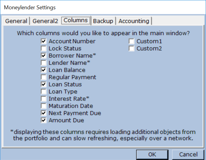 Columns Tab of the Settings Dialog