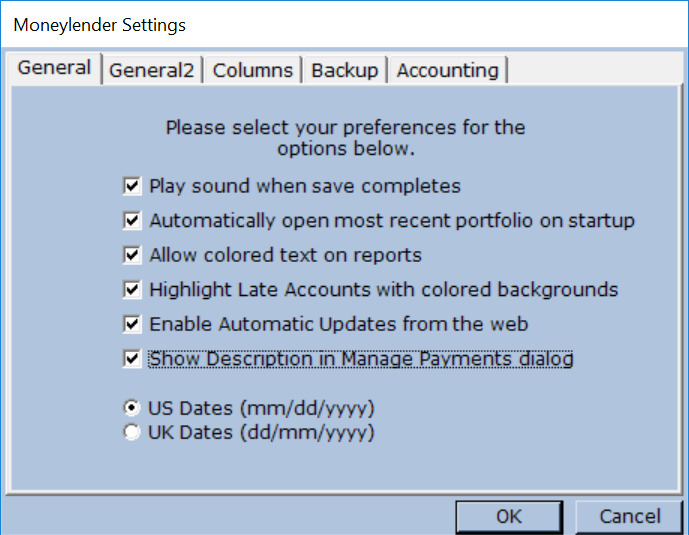 General Tab of the Settings Dialog