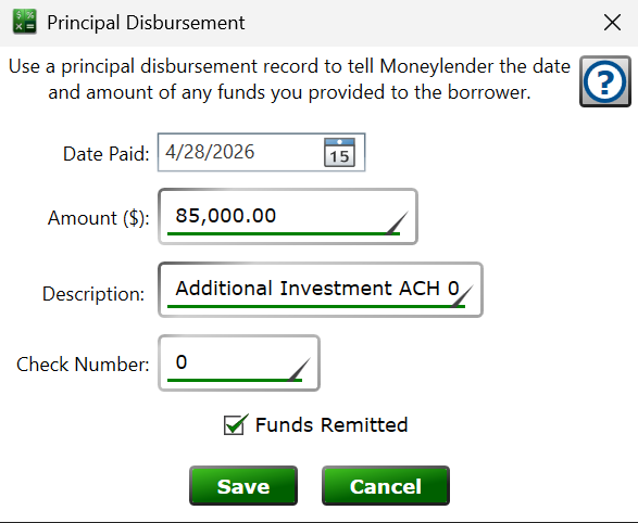 Screenshot of a principal disbursement marked as funds remitted after the ACH file is saved.