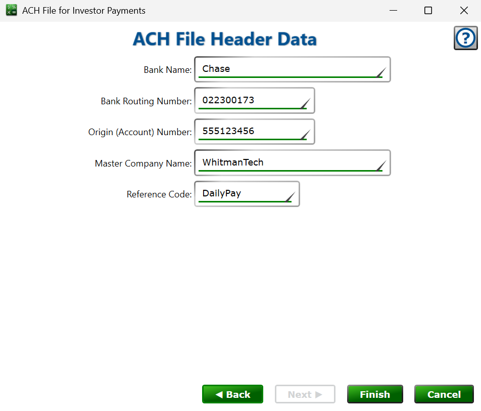 Screenshot of the ACH File Header Data step.