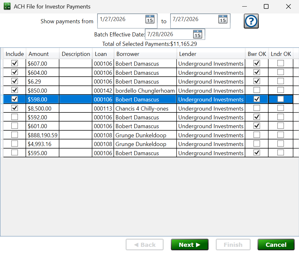 Screenshot of the payment selection step of the ACH wizard.