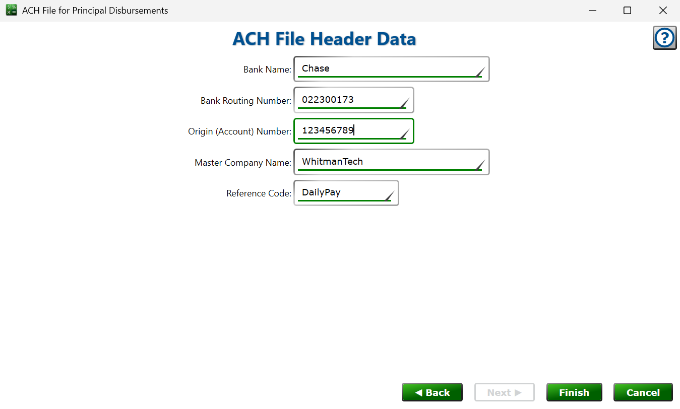 Screenshot of the ACH File Header Data step.