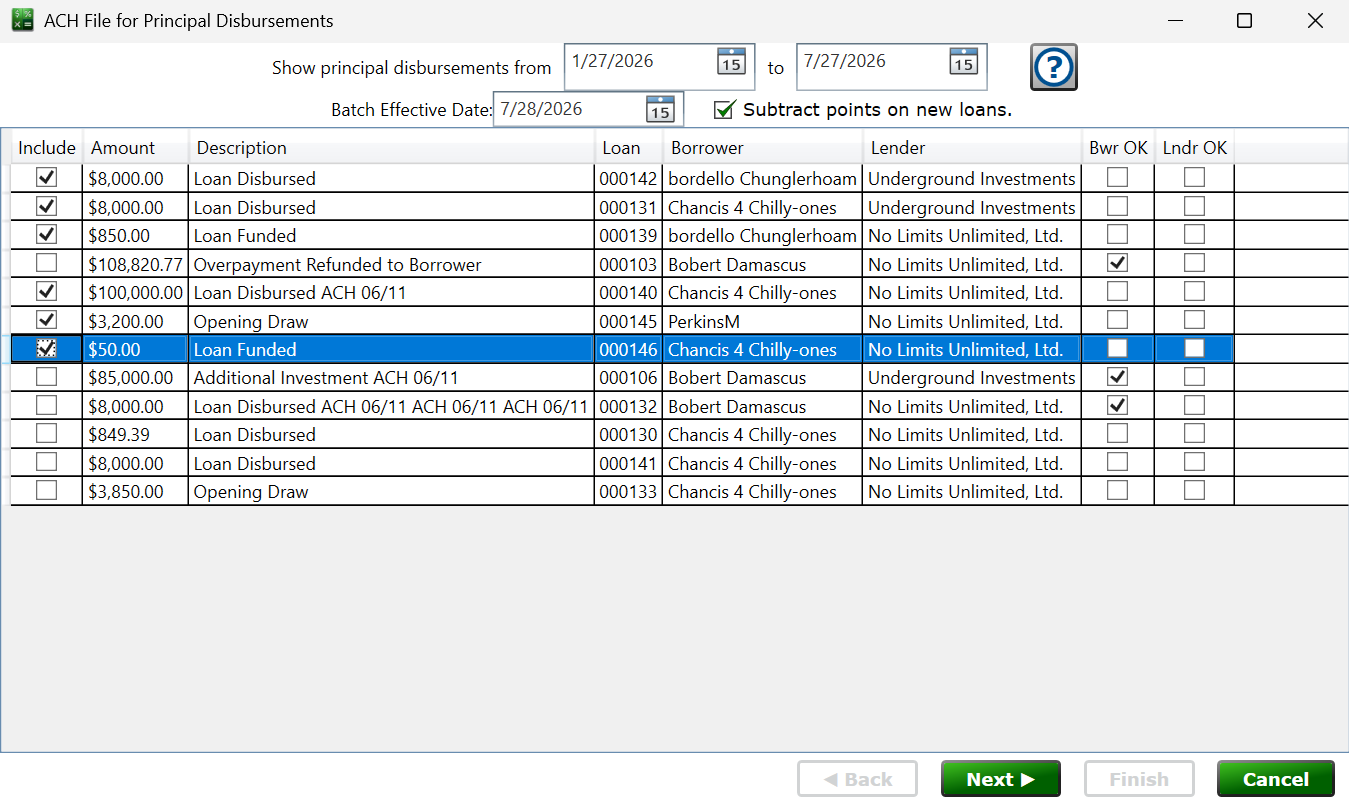 Screenshot of the disbursement selection step of the ACH wizard.