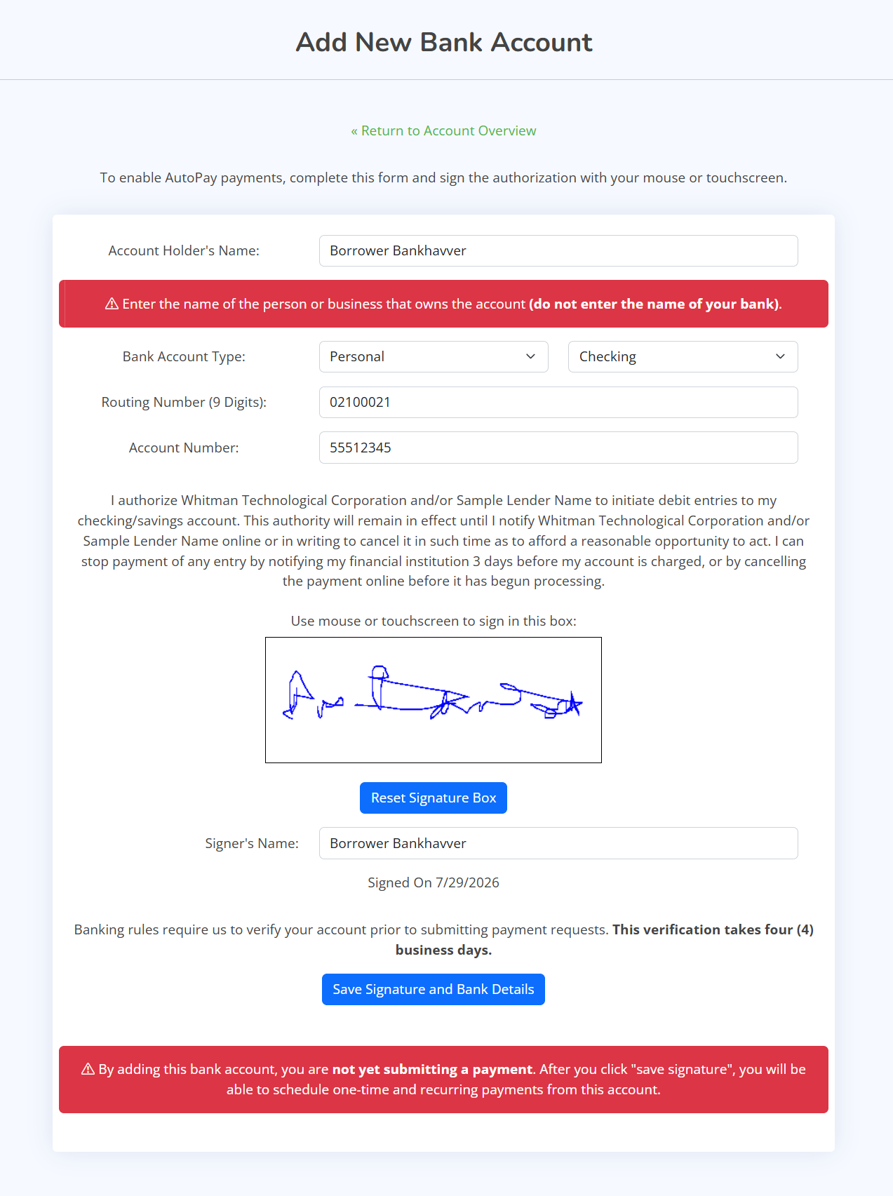 Screenshot of the AutoPay borrower portal bank account authorization page.