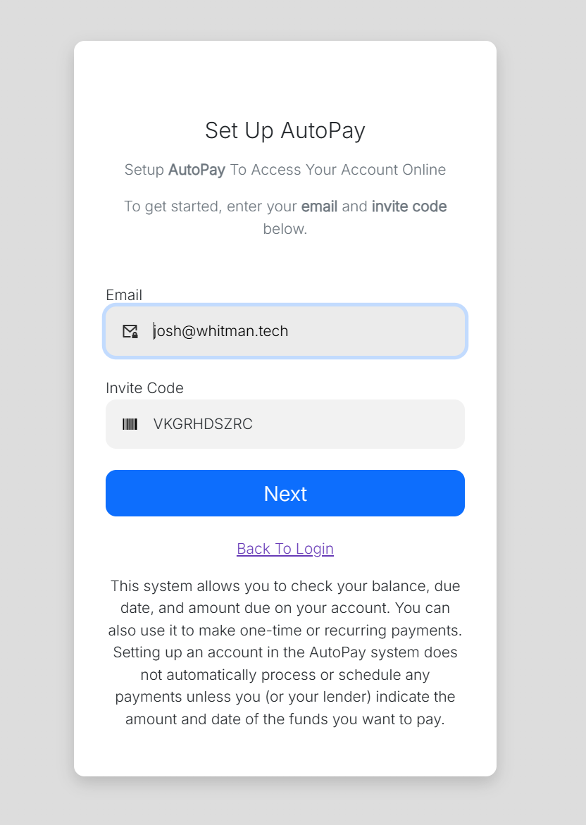 Screenshot of the AutoPay borrower portal invite code entry page.