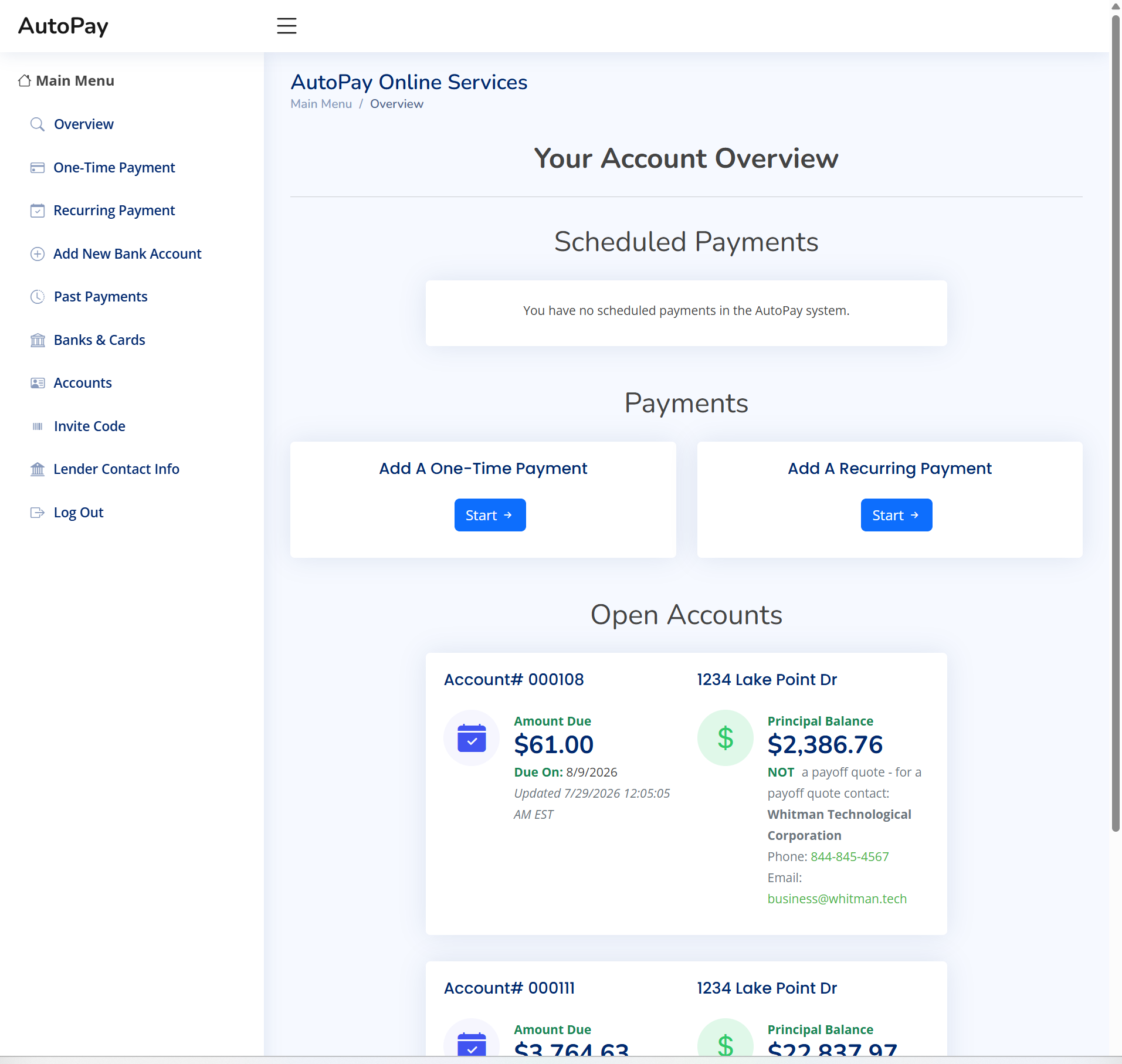 Screenshot of the AutoPay borrower portal overview screen.