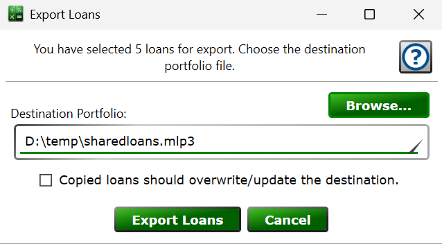 Screenshot of the Export Loans window in Moneylender.