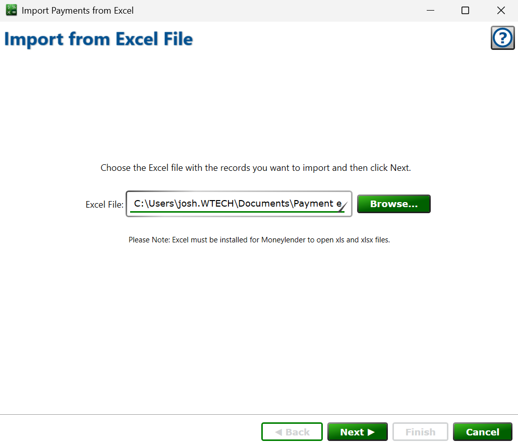 Screenshot of the Import Payments wizard file selection step in Moneylender.
