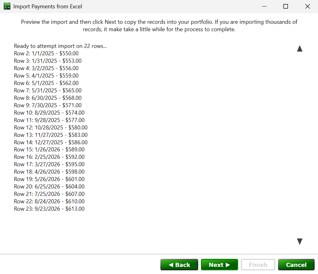 Screenshot of the Import Payments preview step in Moneylender.