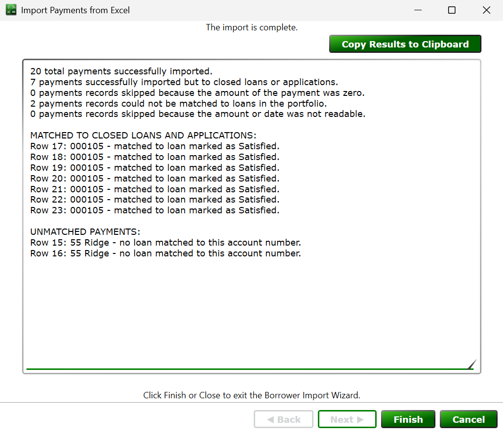 Screenshot of the Import Payments outcome summary in Moneylender.