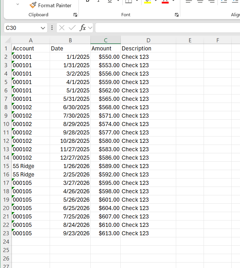Sample Excel spreadsheet with dates and amounts of payments to import.