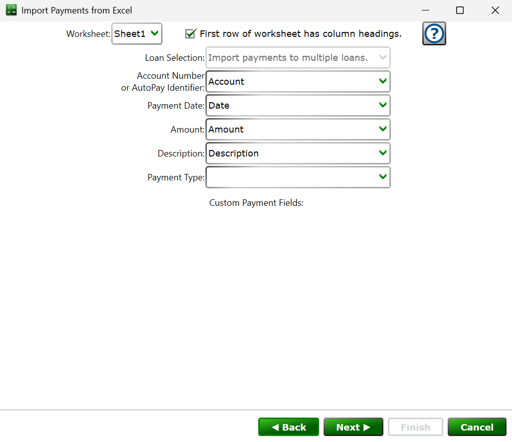 Screenshot of the Import Payments field mapping step in Moneylender.