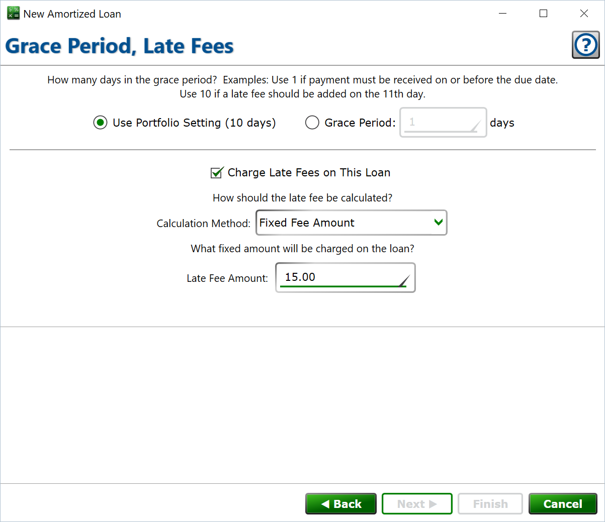 Screenshot of the form to set the grace period and late fees on a loan.