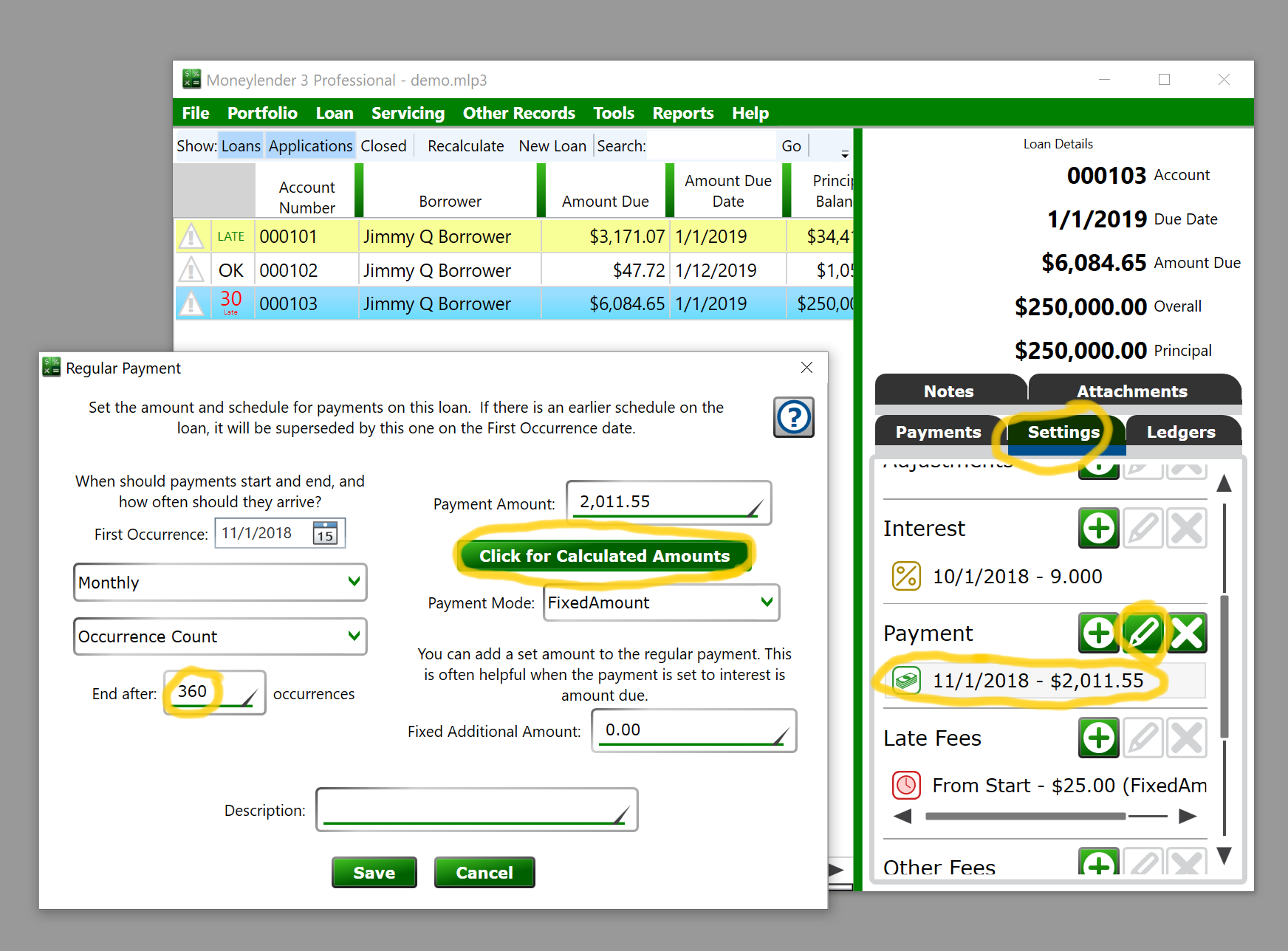 Image of Moneylender in the editing a payment setting to create an amortization with balloon.