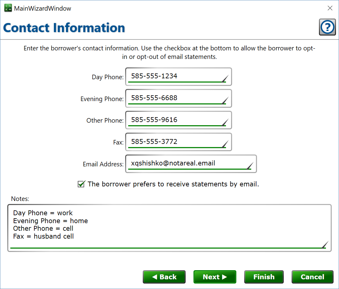 Screenshot of form to enter borrower contact info like phone numbers and email addresses.