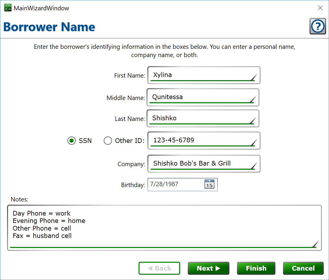 Screenshot of form to enter borrower name, business name, ssn, date of birth, etc.