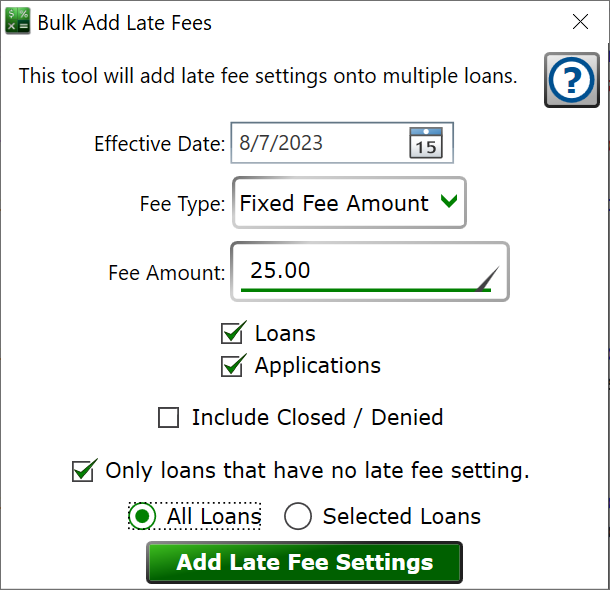 Screenshot of the Bulk Add Late Fee Window.