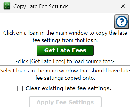 Screenshot of the Copy Late Fee Settings window.