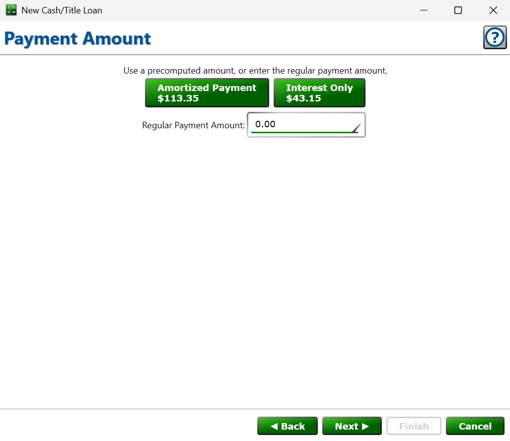 Screenshot of the payment amount step of the cash loan wizard.