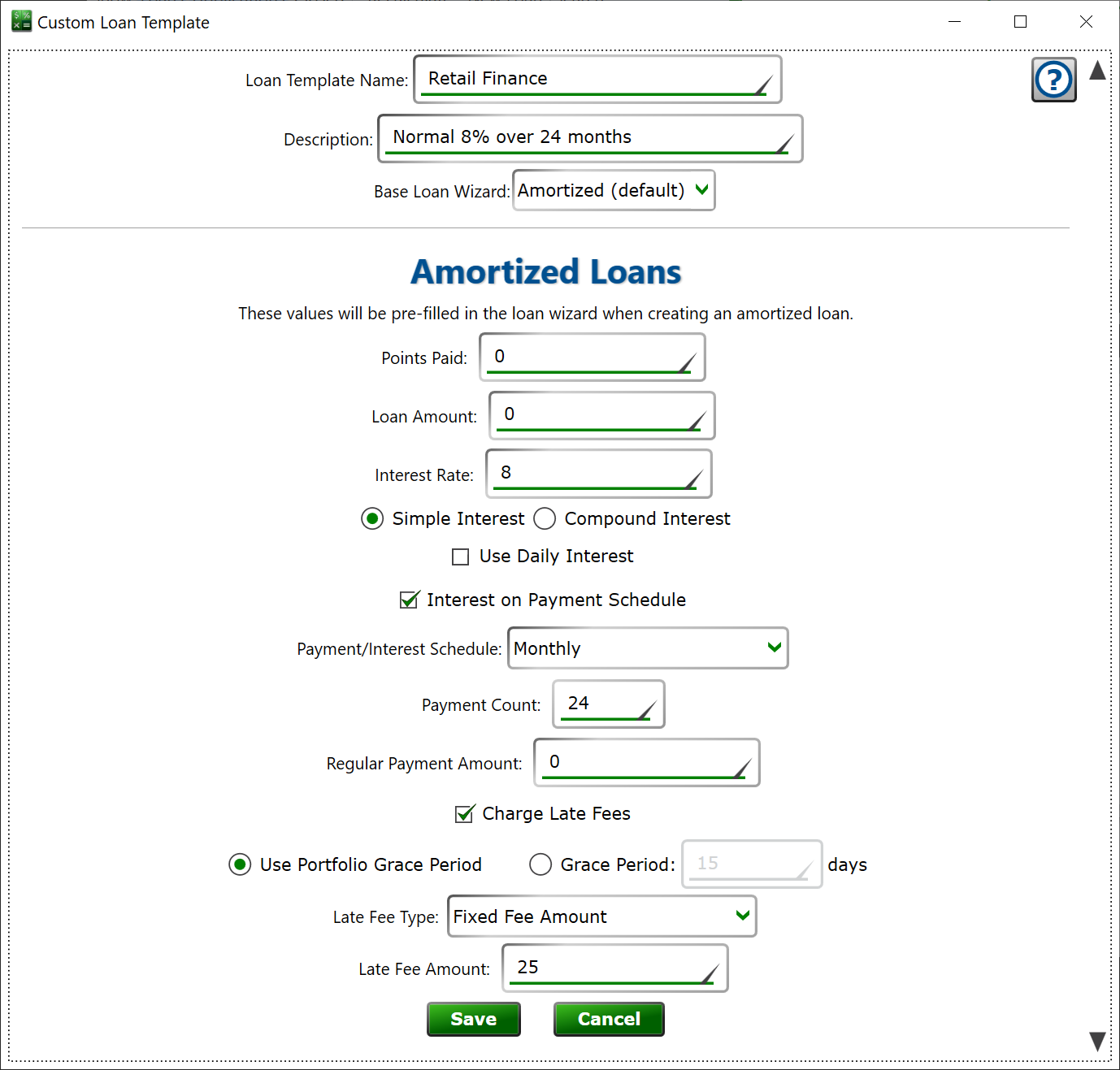 Window for editing a custom loan preset.