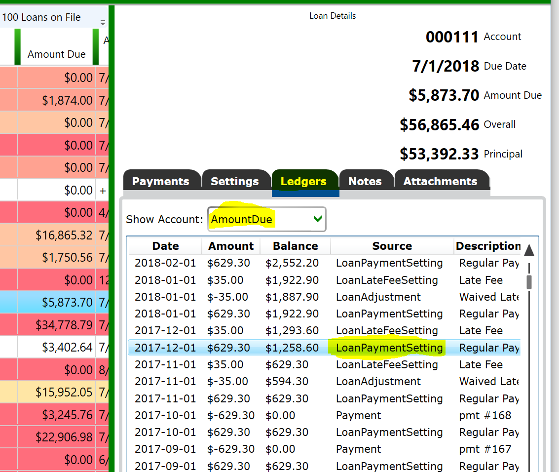 Screenshot of the Ledgers tab of the Loan Details panel.