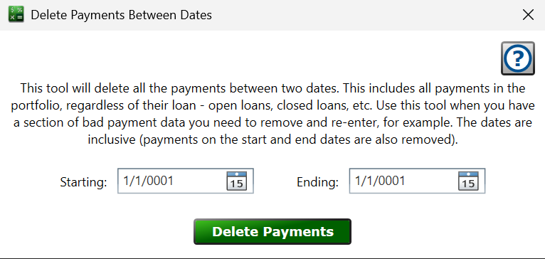 Screenshot of the Delete Payments Between Dates window.