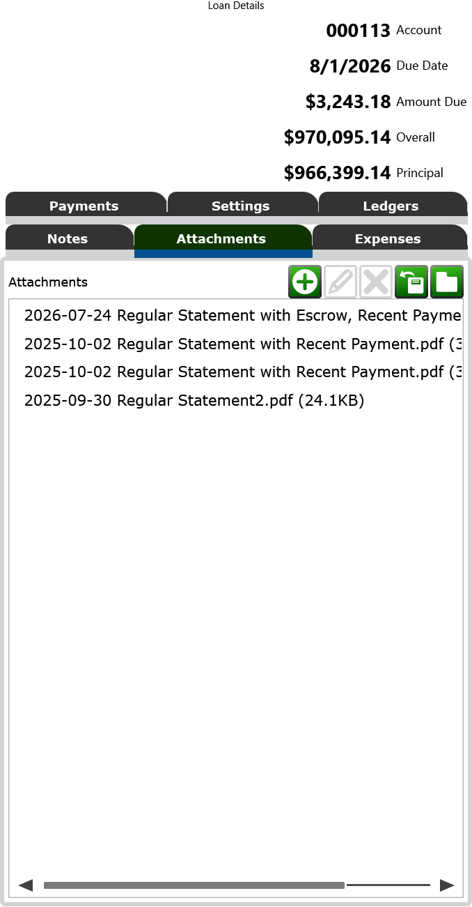 Screenshot of the Attachments tab of the Loan Details panel.