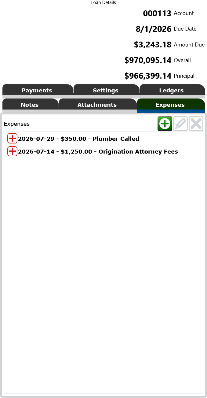 Screenshot of the Expenses tab of the Loan Details panel.