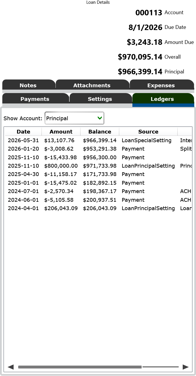 Screenshot of the Ledgers tab of the Loan Details panel.