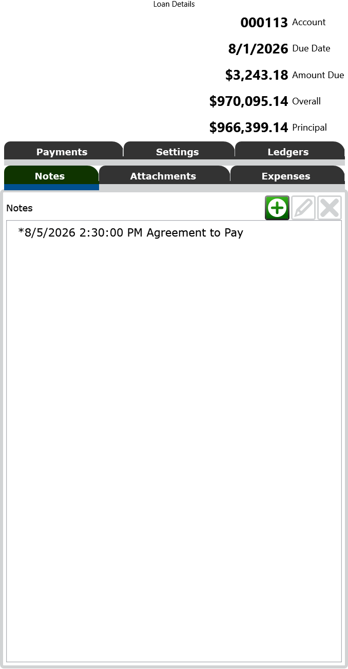 Screenshot of the Notes tab of the Loan Details panel.