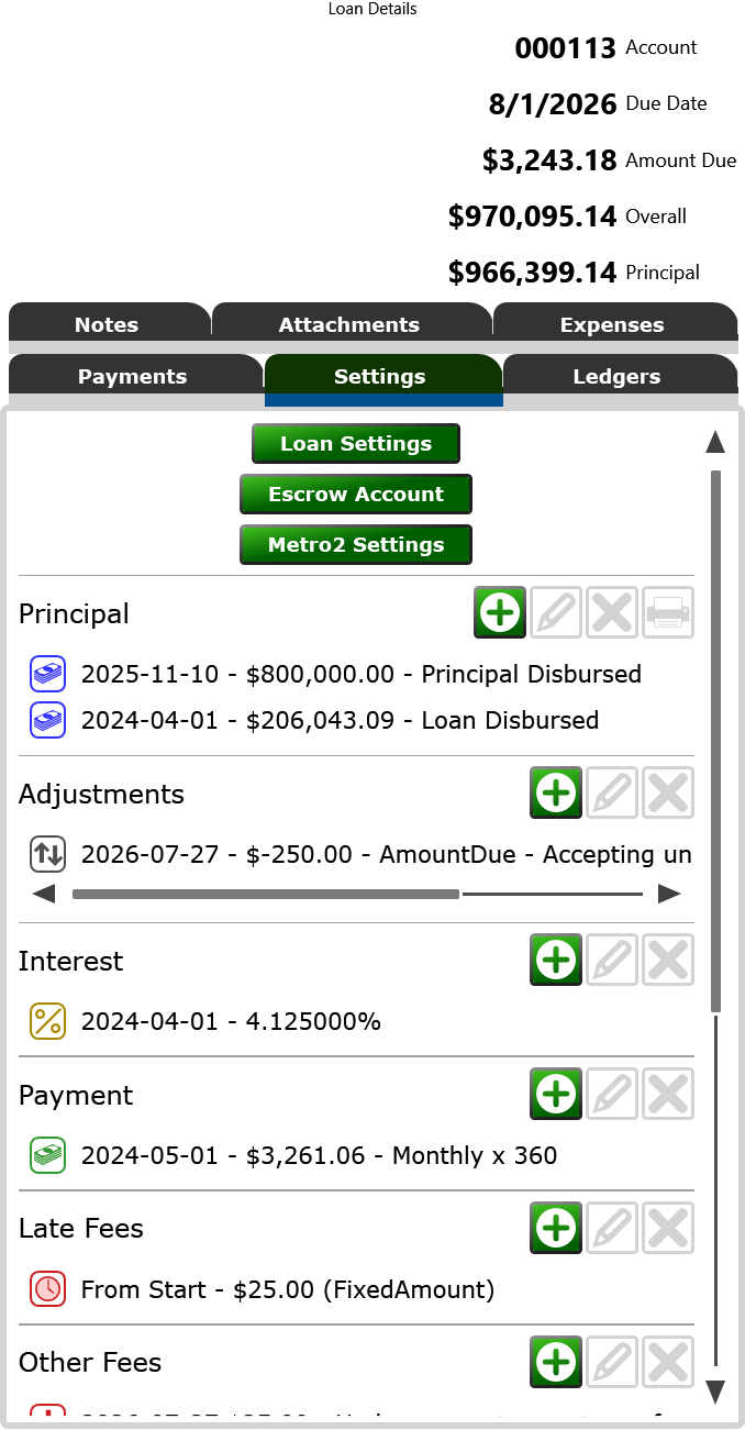 Screenshot of the Settings tab of the Loan Details panel.