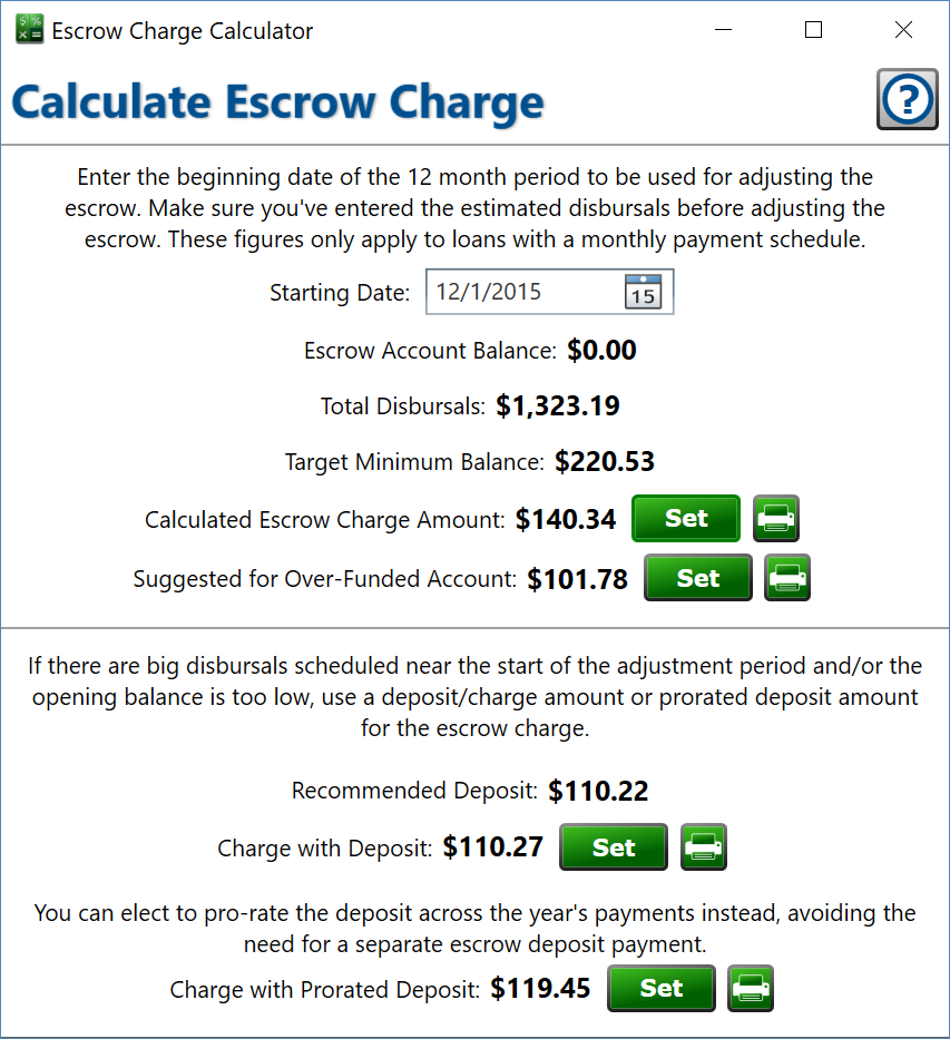 Screenshot of Moneylender's escrow charge calculator window.