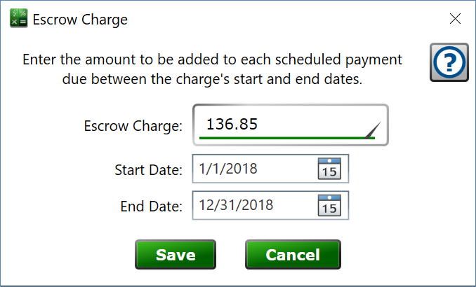 Screenshot of the edit Escrow Charge window.