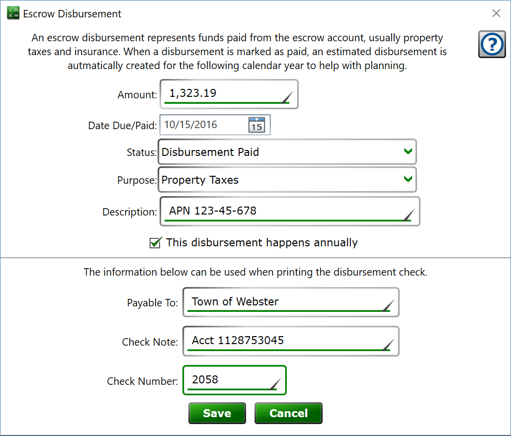 Screenshot of the Escrow Disbursement dialog.