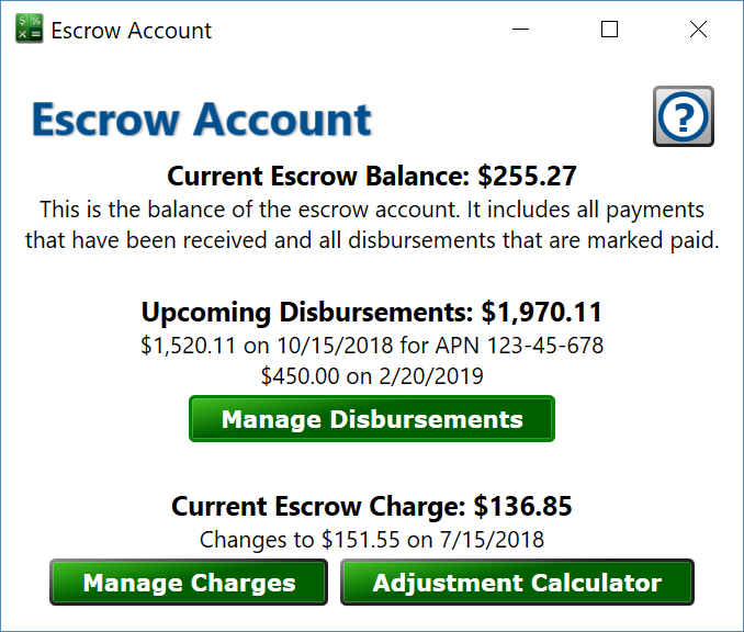 Screenshot of Moneylender's Escrow Account overview window.
