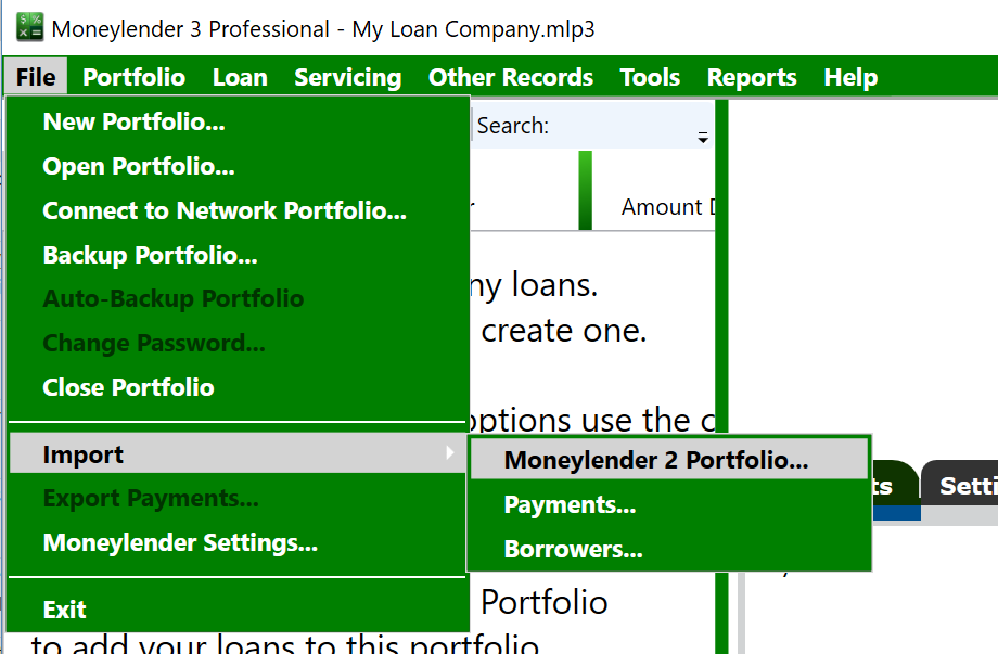 Click File > Import > Moneylender 2 Portfolio to begin the import wizard.