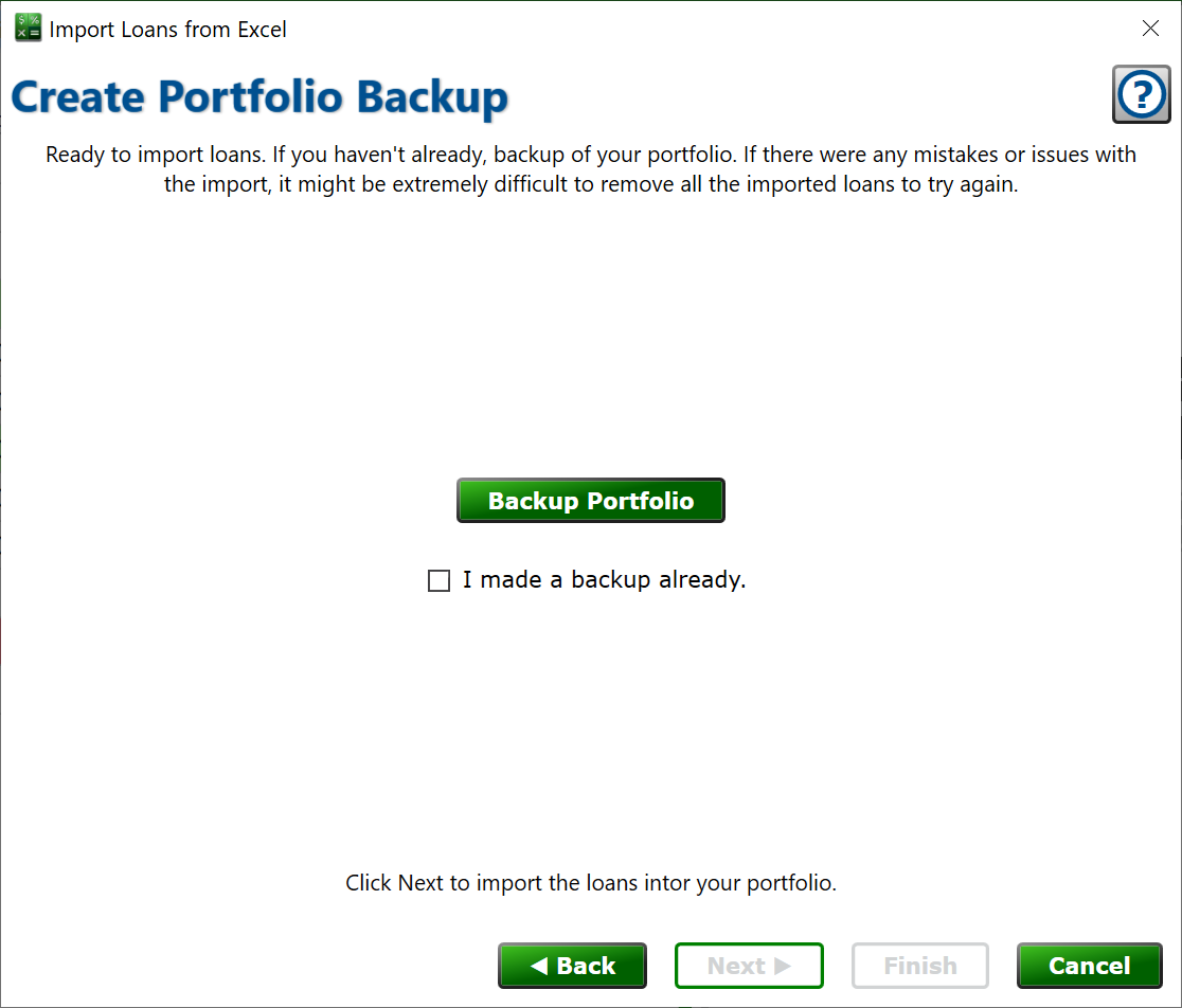screenshot of the page to create a backup of your portfolio before the import runs.