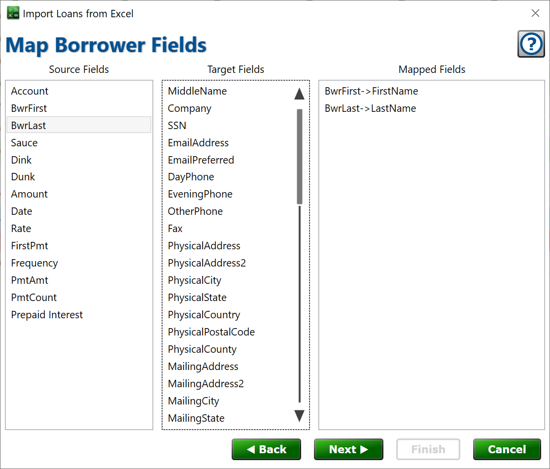 screenshot of the form to map fields from excel onto Moneylender's borrower properties
