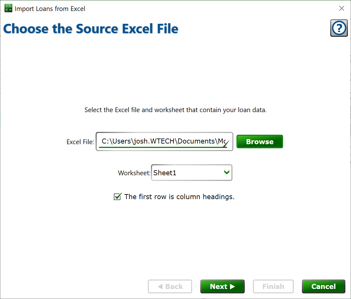 screenshot of the import loans window showing the file choice page