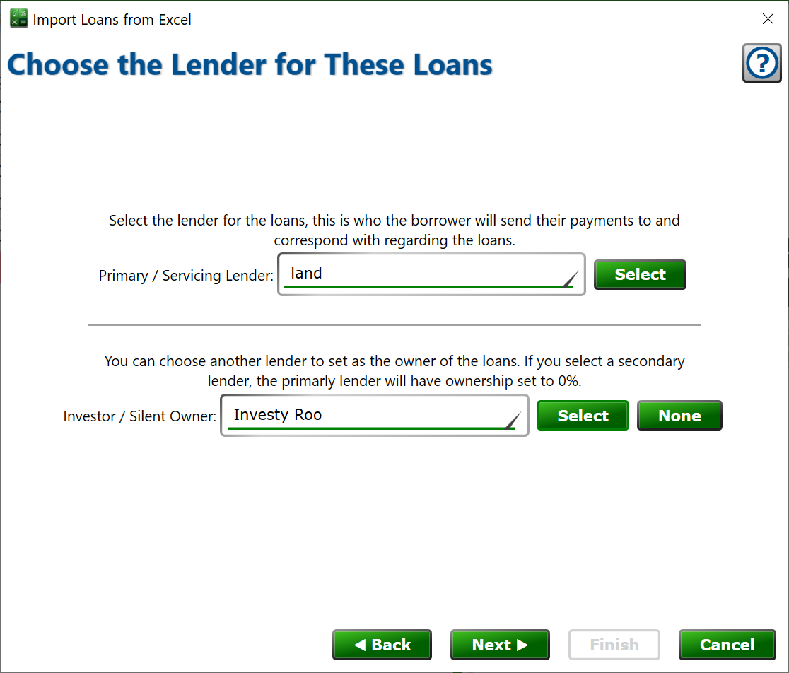 screenshot of the choose lender for import from Excel window.